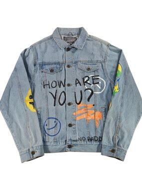 Brooklyn Cloth Graphic Denim Jacket L Have A Nice Day Flame Smiley Streetwear